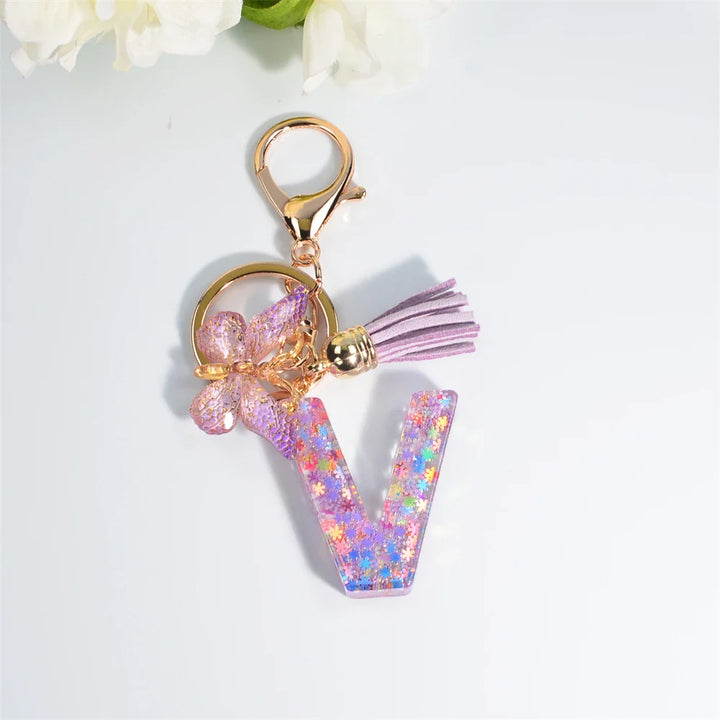 Women's Sequin Letter Keychain with Butterfly Tassel Charm-The Yellow Prime