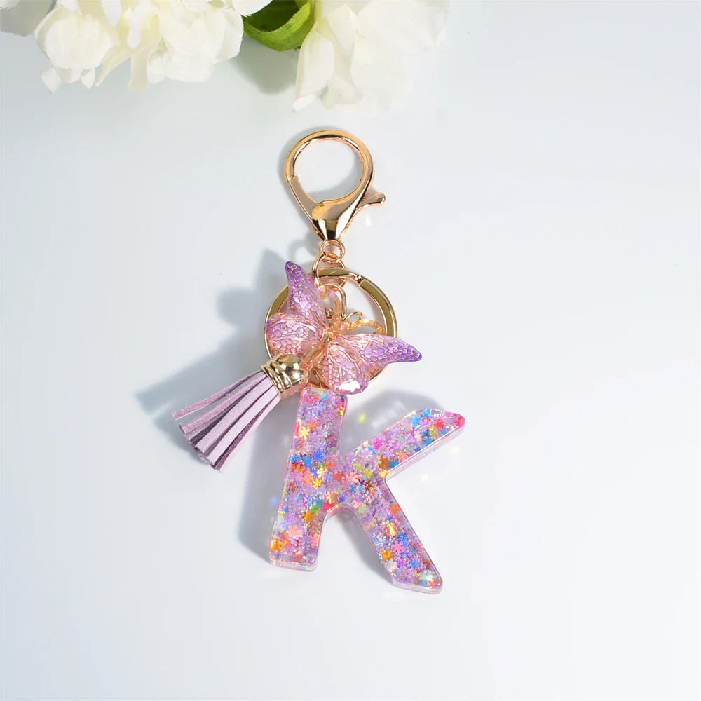 Women's Sequin Letter Keychain with Butterfly Tassel Charm-The Yellow Prime