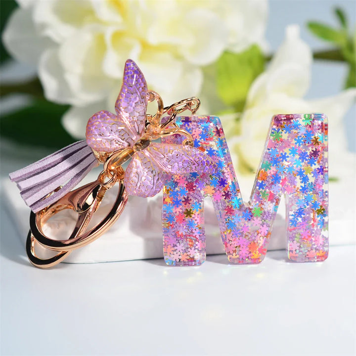 Women's Sequin Letter Keychain with Butterfly Tassel Charm-The Yellow Prime