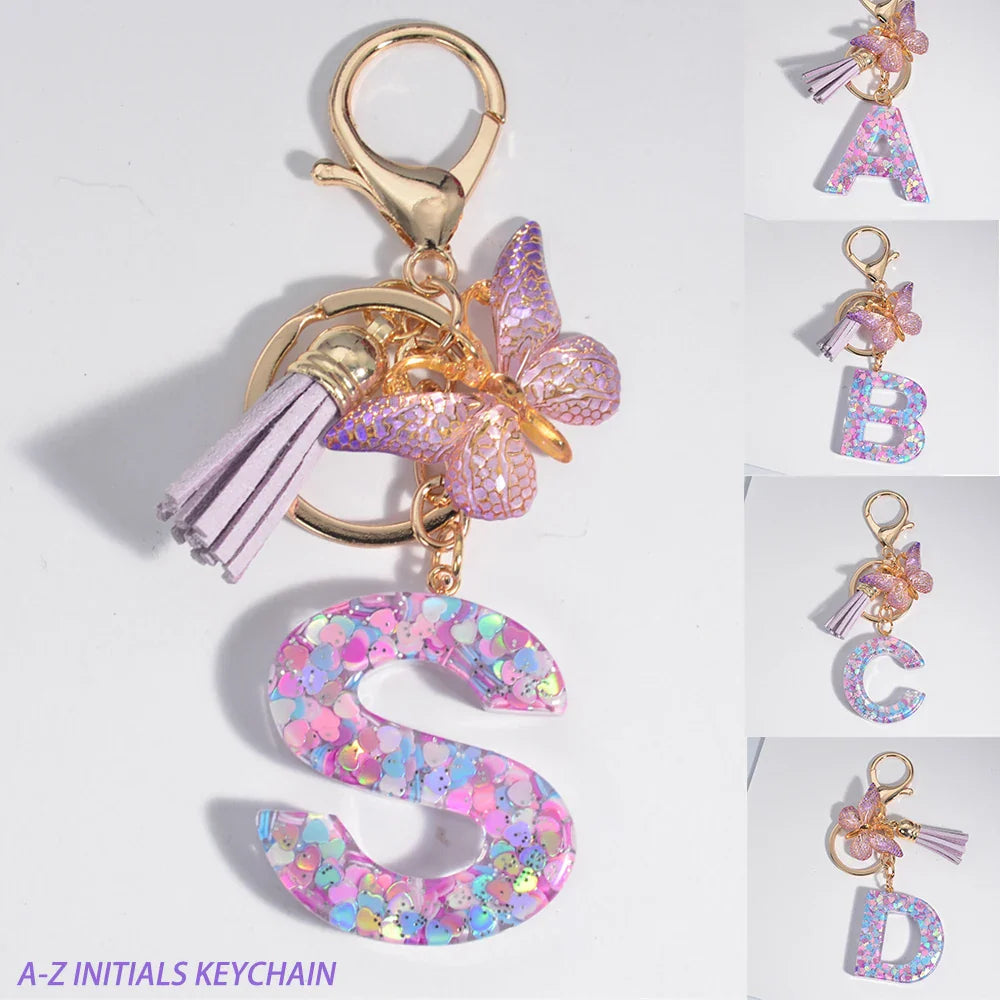 Women's Sequin Letter Keychain with Butterfly Tassel Charm-The Yellow Prime