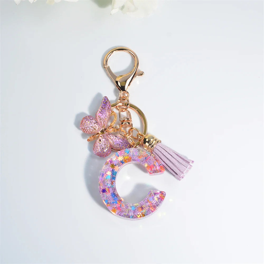 Women's Sequin Letter Keychain with Butterfly Tassel Charm-The Yellow Prime