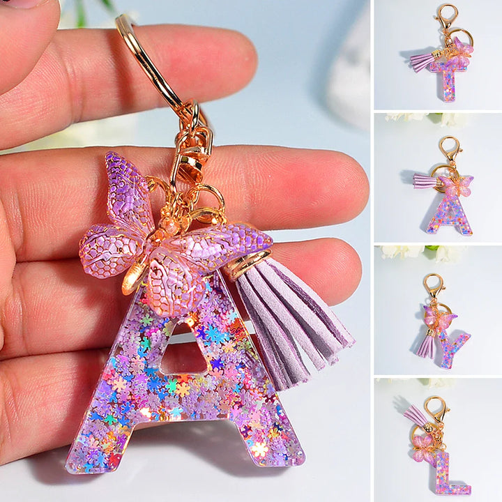 Women's Sequin Letter Keychain with Butterfly Tassel Charm-The Yellow Prime
