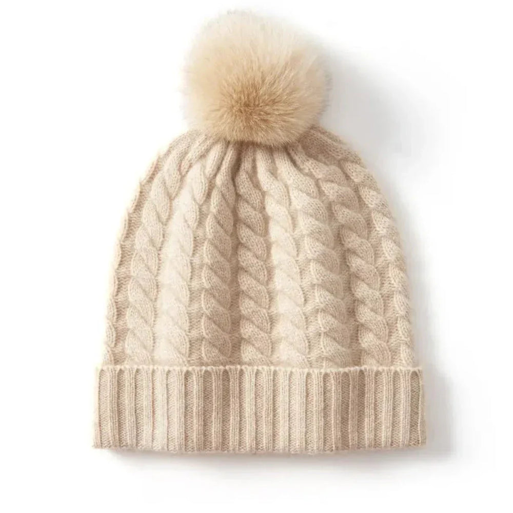 Women's Soft Cozy Cable Knit Beanie with Pom, Cashmere Winter Hat-The Yellow Prime