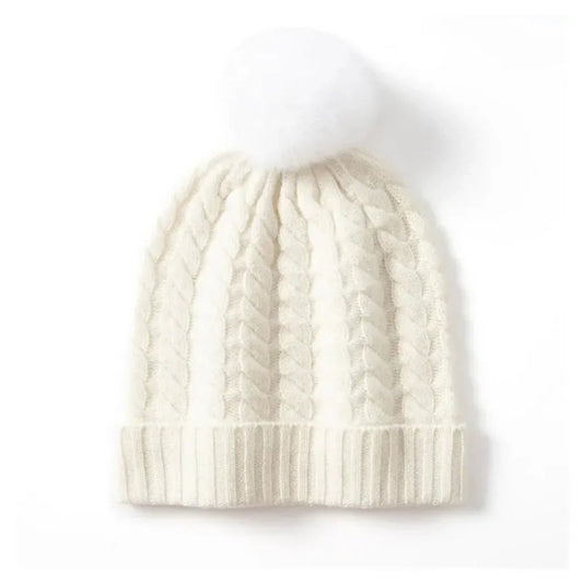 Women's Soft Cozy Cable Knit Beanie with Pom, Cashmere Winter Hat-The Yellow Prime