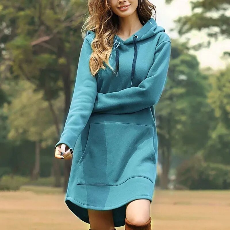 Women's Soft Cozy Longline Hoodie Dress in Brushed Knit-The Yellow Prime