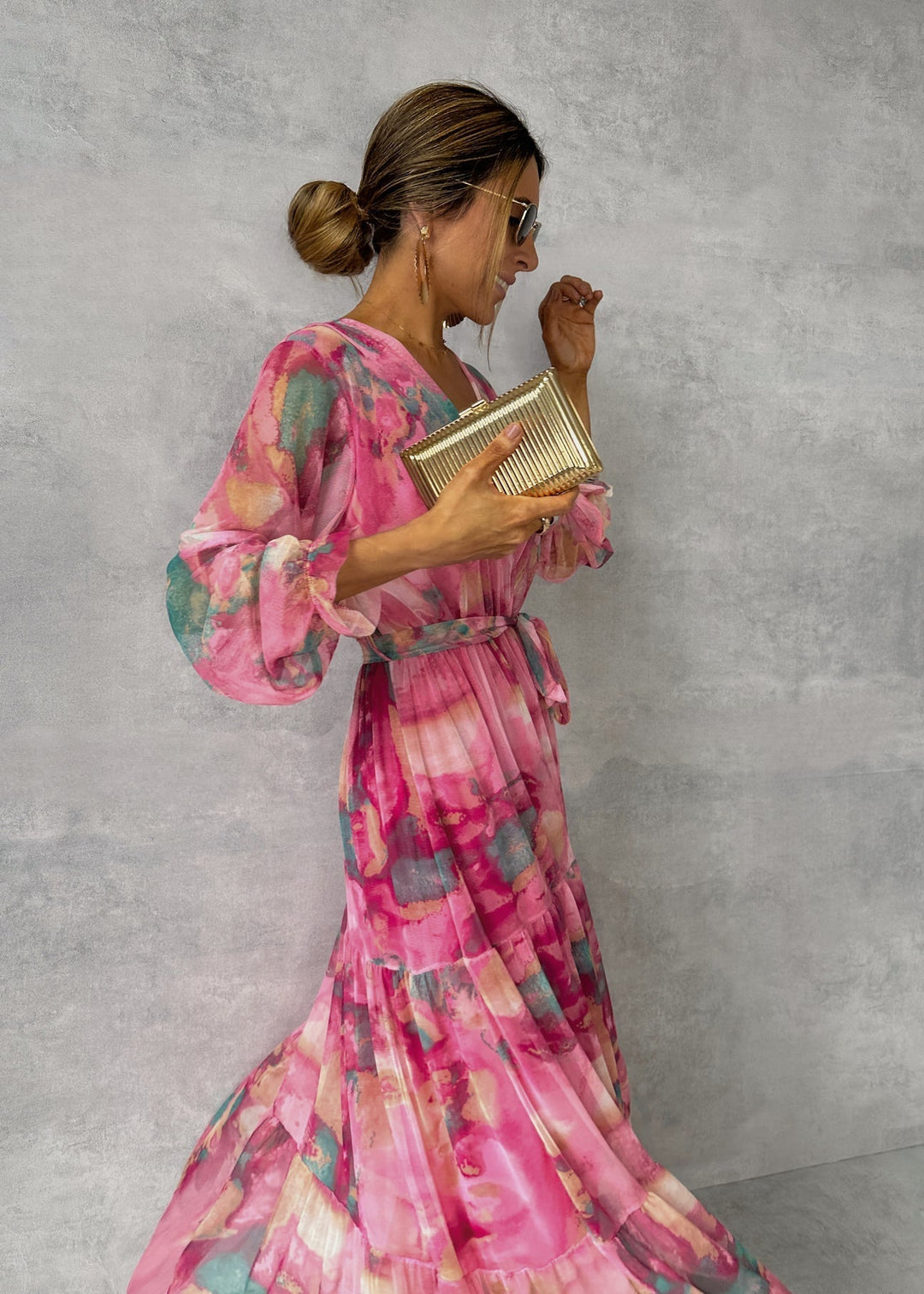 Women's Soft Pink Long Sleeve Maxi Dress for Elegant Occasions-The Yellow Prime