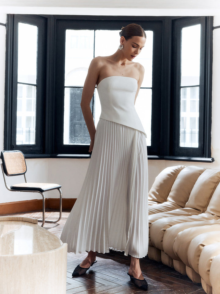 Women's Strapless Pleated Maxi Evening Dress-The Yellow Prime
