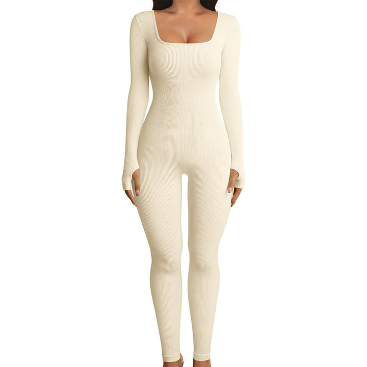 Women's Stretchy Long Sleeve Square Neck Ribbed Jumpsuit for Yoga-The Yellow Prime