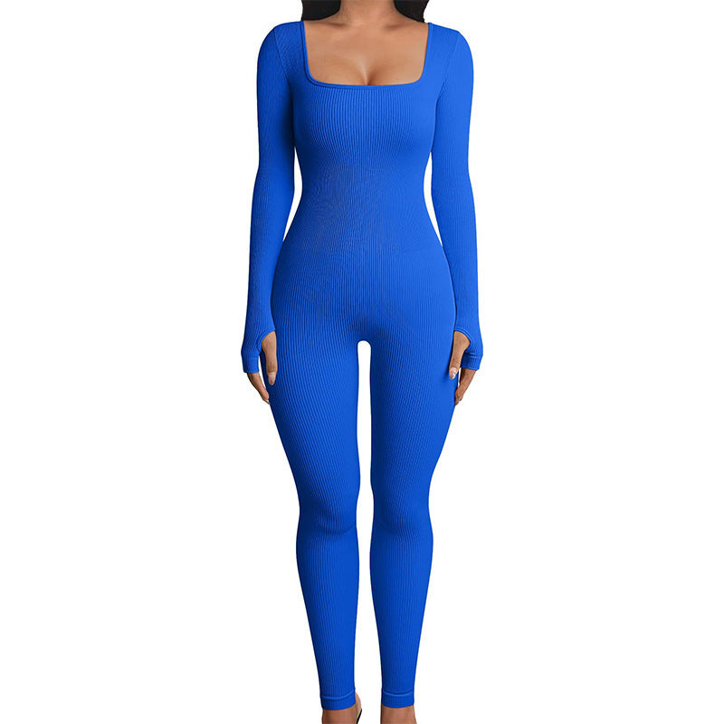 Women's Stretchy Long Sleeve Square Neck Ribbed Jumpsuit for Yoga-The Yellow Prime