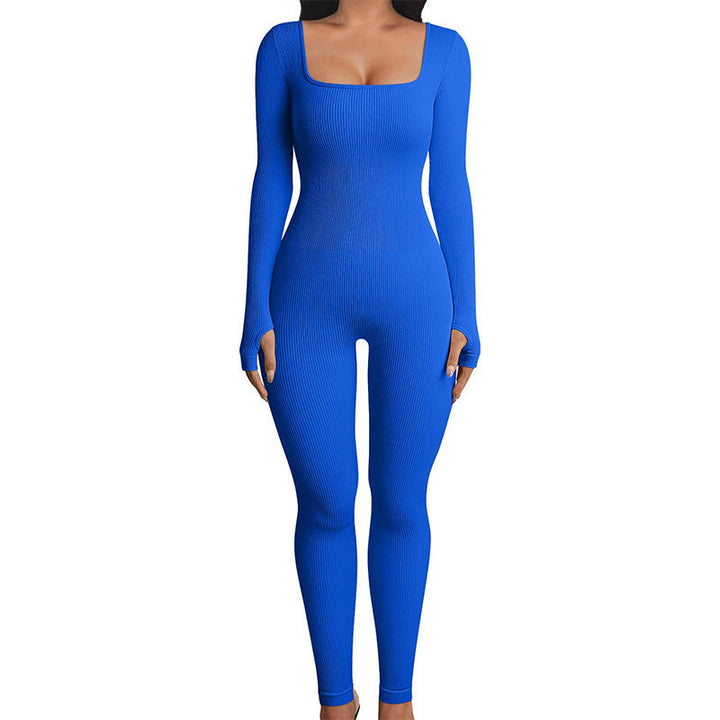 Women's Stretchy Long Sleeve Square Neck Ribbed Jumpsuit for Yoga-The Yellow Prime