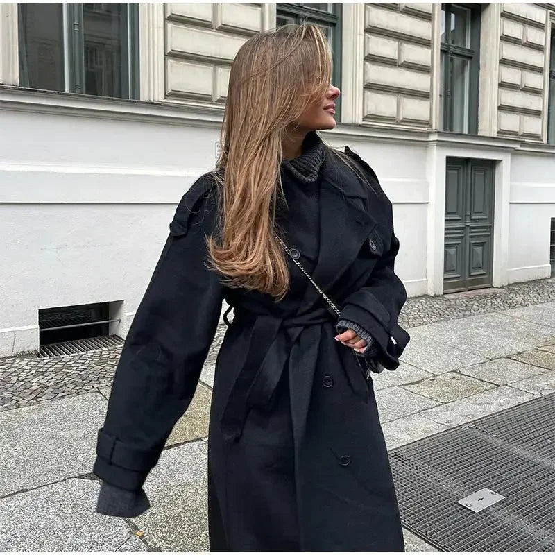 Women's Stylish Double-Breasted Trench Coat with Belt and Lapel Collar-The Yellow Prime
