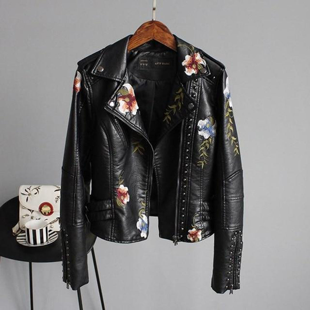 Women's Stylish Leather Biker Jacket with Floral Motifs and Studs-The Yellow Prime