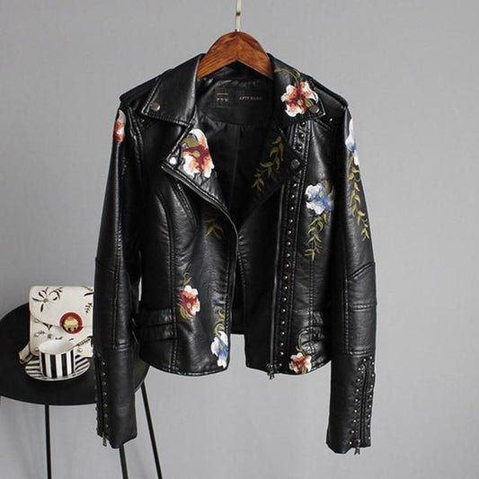 Women's Stylish Leather Biker Jacket with Floral Motifs and Studs-The Yellow Prime