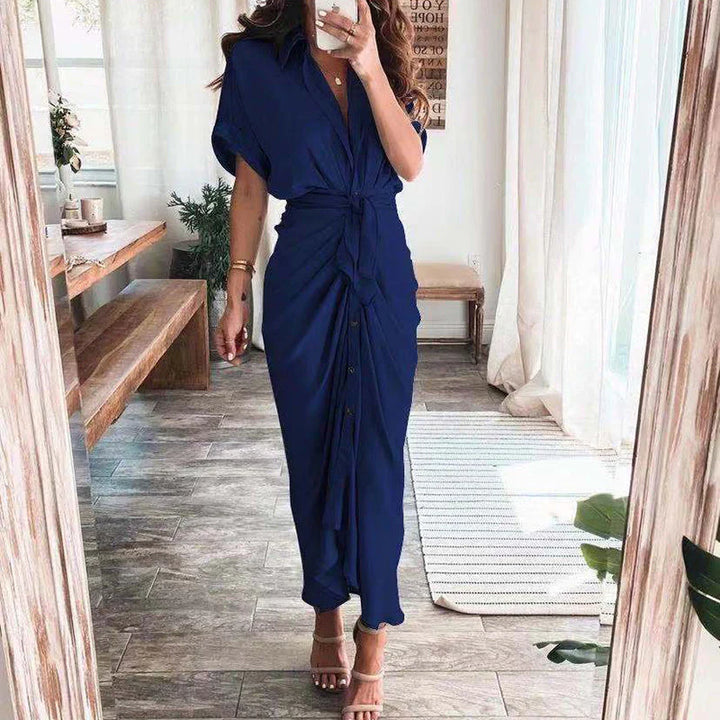 Women's Stylish Maxi Dress - Button-Front, Waist Tie, Draped Design-The Yellow Prime