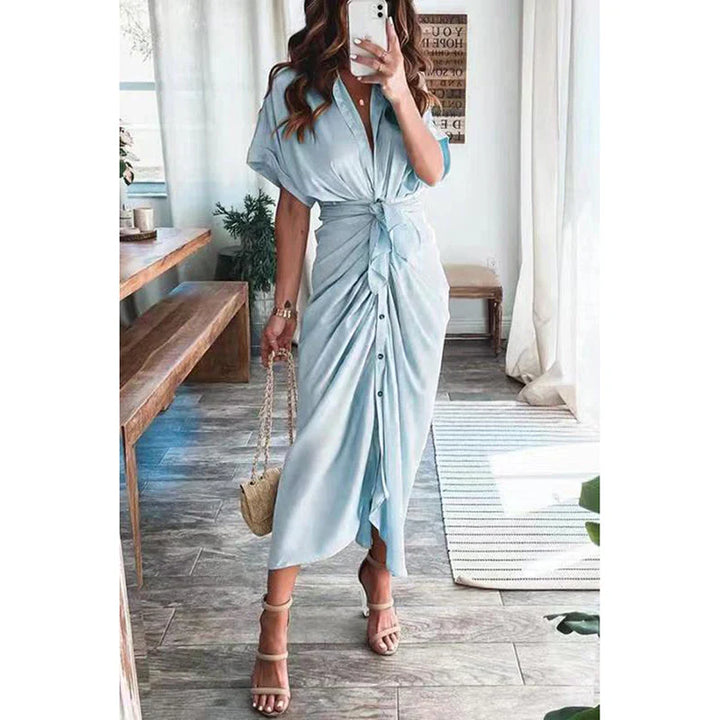 Women's Stylish Maxi Dress - Button-Front, Waist Tie, Draped Design-The Yellow Prime