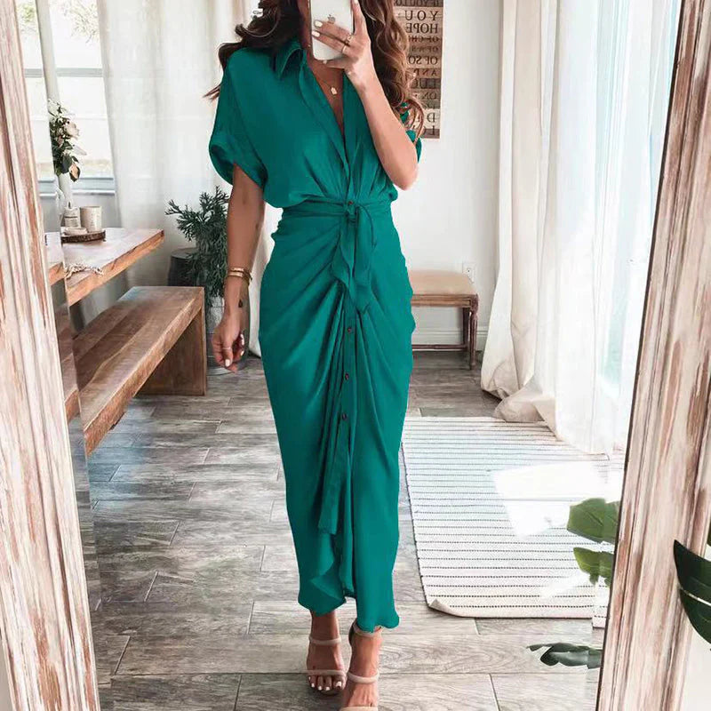 Women's Stylish Maxi Dress - Button-Front, Waist Tie, Draped Design-The Yellow Prime