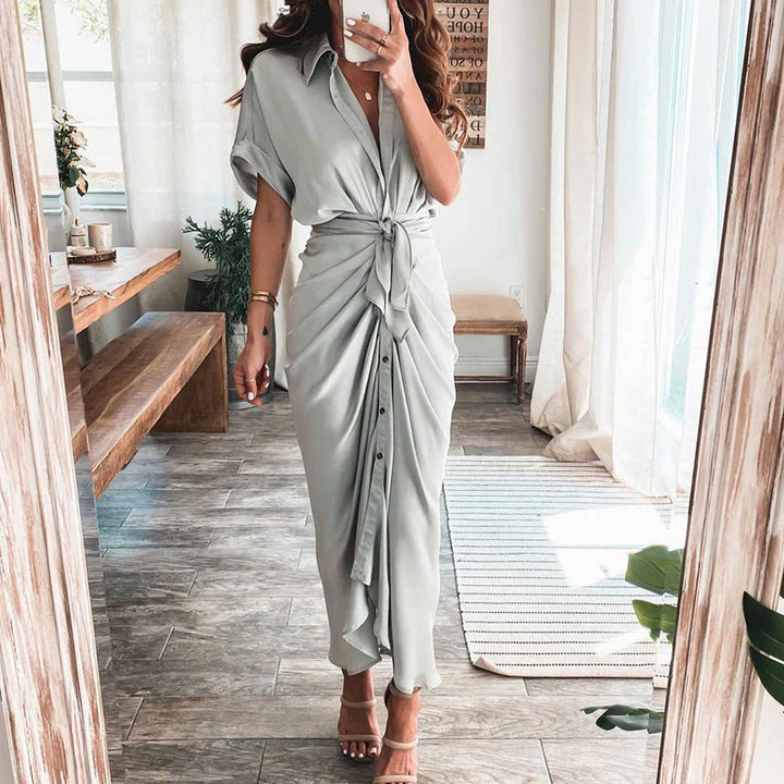 Women's Stylish Maxi Dress - Button-Front, Waist Tie, Draped Design-The Yellow Prime