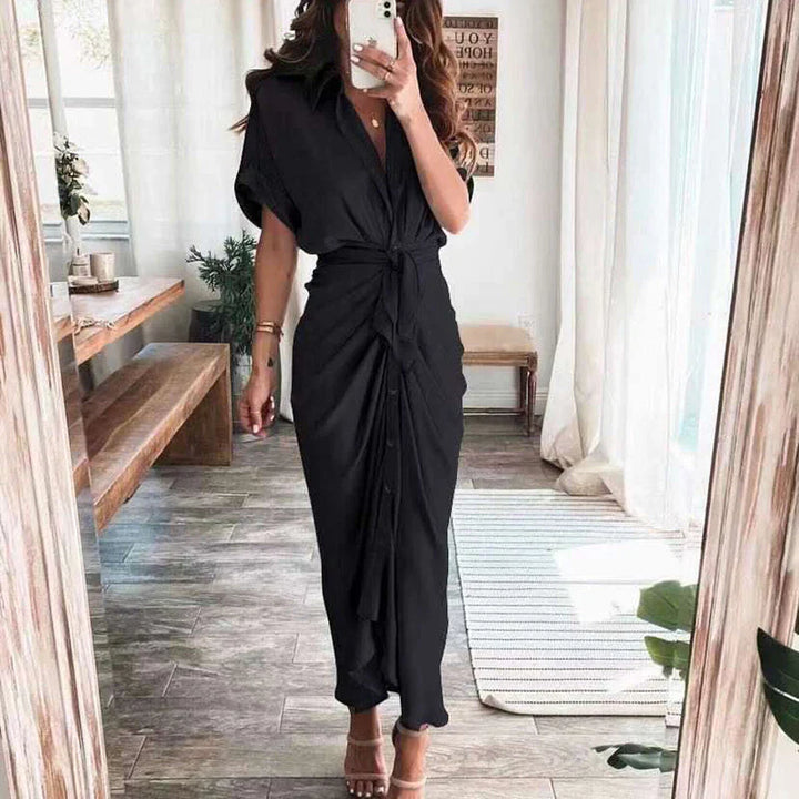 Women's Stylish Maxi Dress - Button-Front, Waist Tie, Draped Design-The Yellow Prime