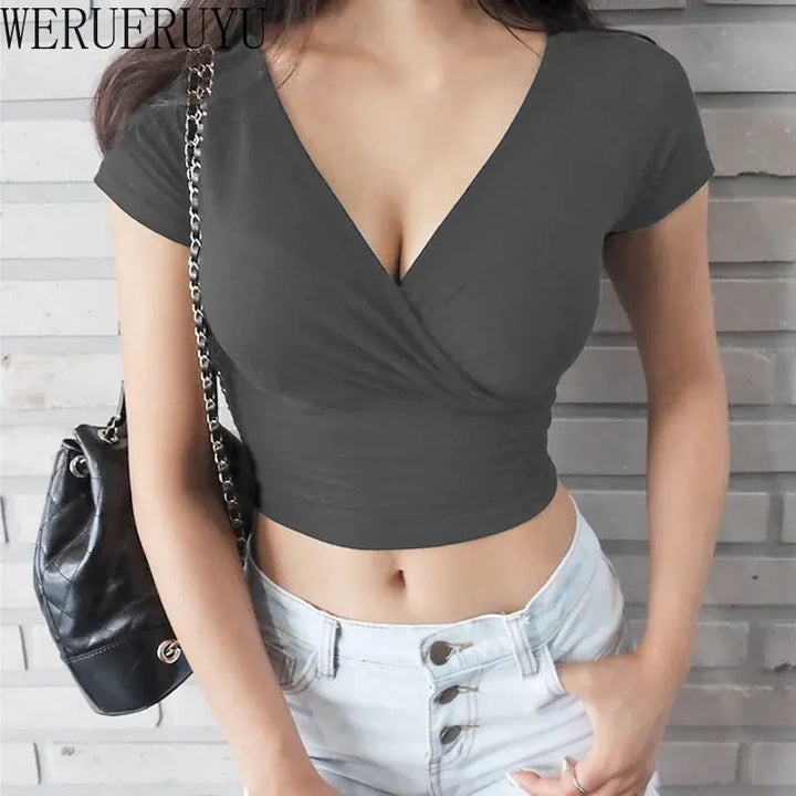 Women's Summer Black Sexy V-neck Crop Top Short Sleeve T-shirt-The Yellow Prime