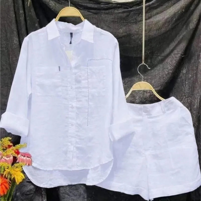 Women's Summer Cotton Linen Casual 2 Piece Set - White Shirt & Shorts-The Yellow Prime