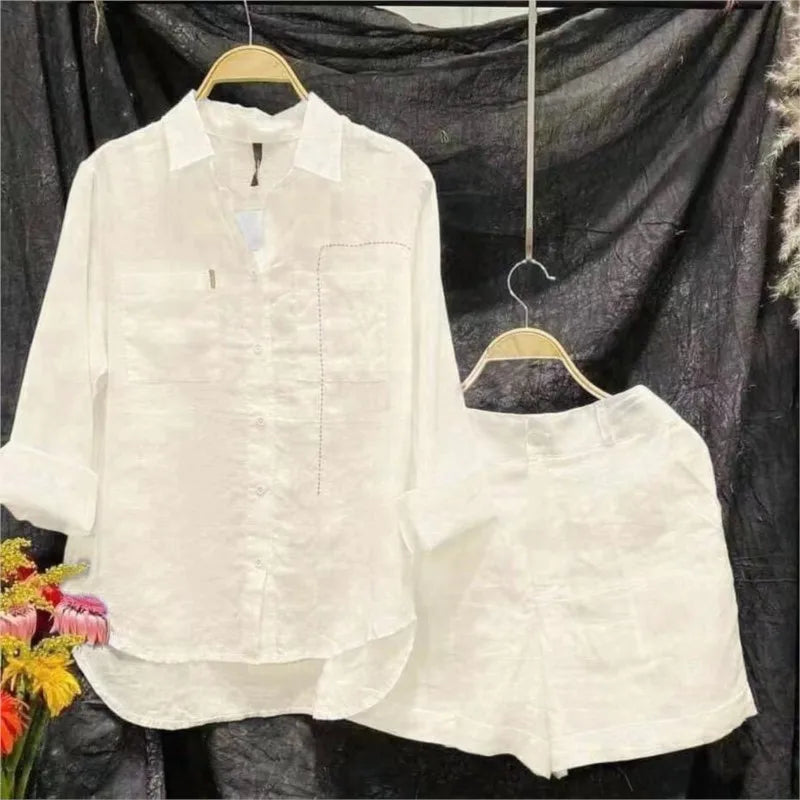 Women's Summer Cotton Linen Casual 2 Piece Set - White Shirt & Shorts-The Yellow Prime