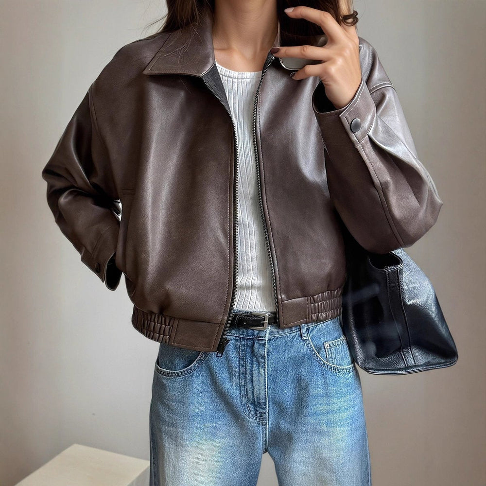 Women's Tailored Faux Leather Zip-Up Bomber Jacket-The Yellow Prime