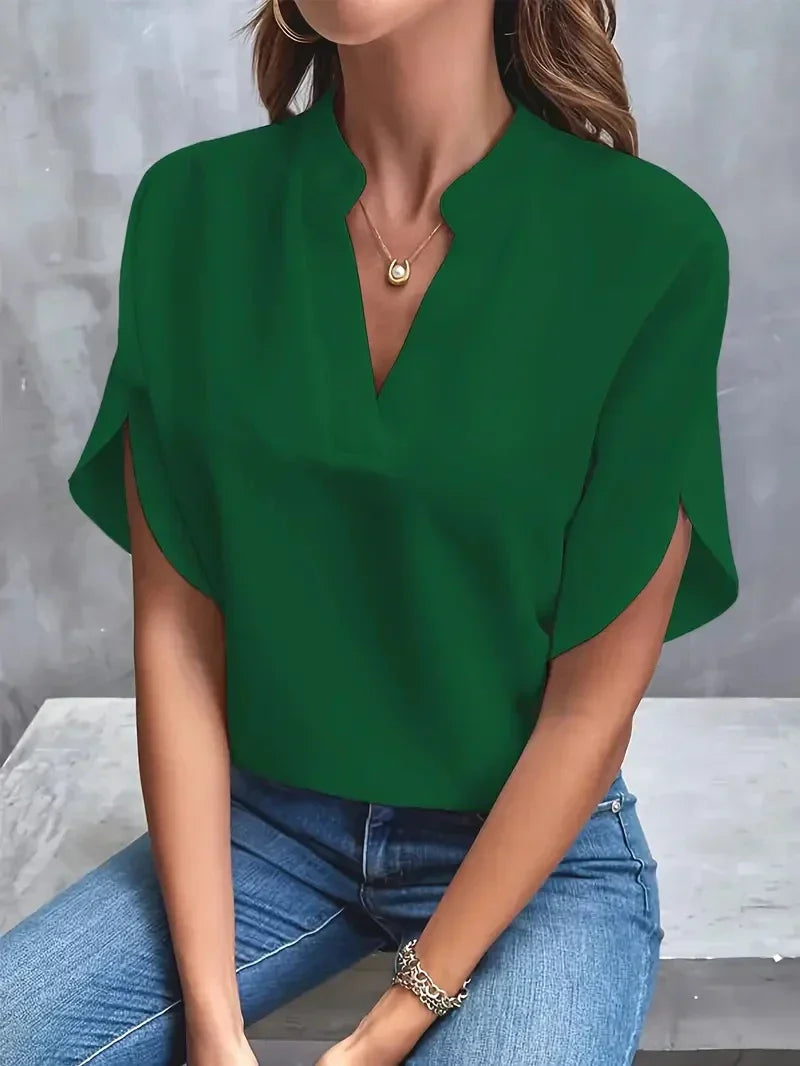 Women's V-Neck Blouse with Side Slits-The Yellow Prime