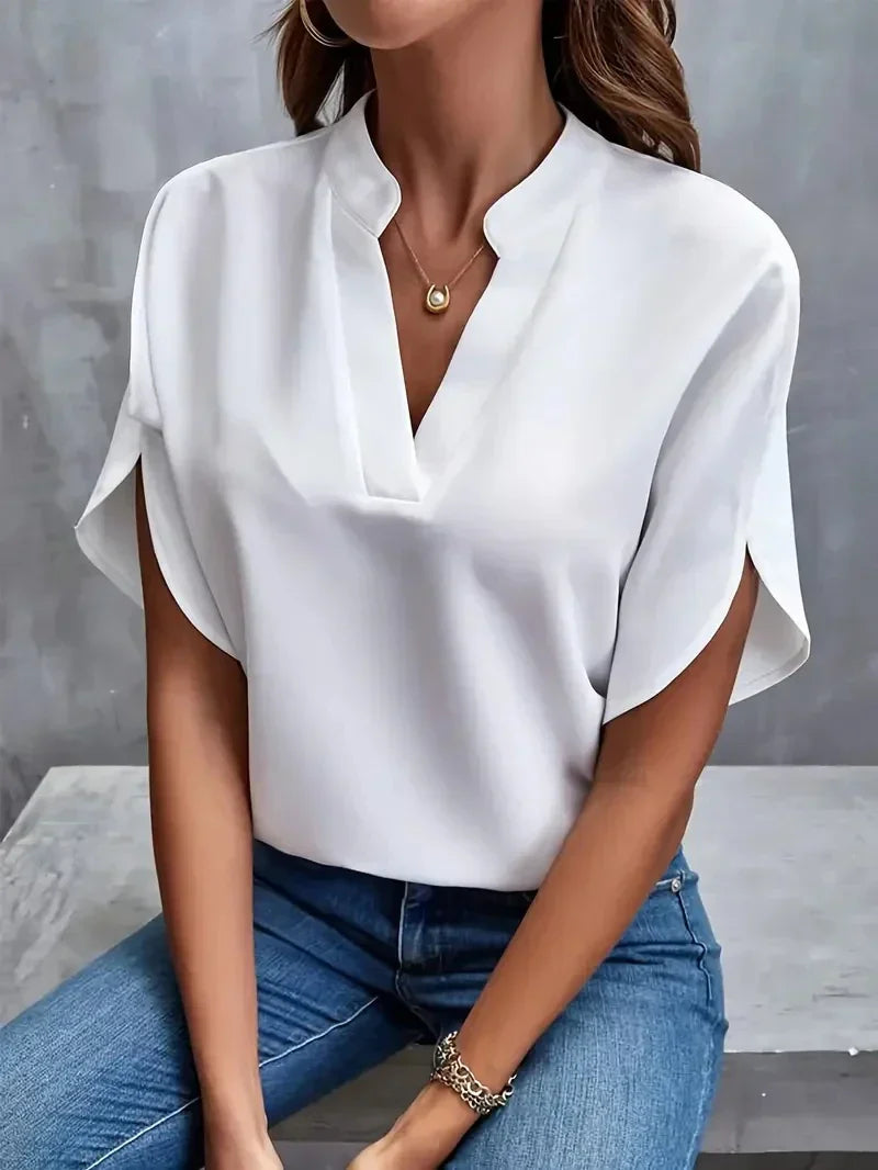 Women's V-Neck Blouse with Side Slits-The Yellow Prime