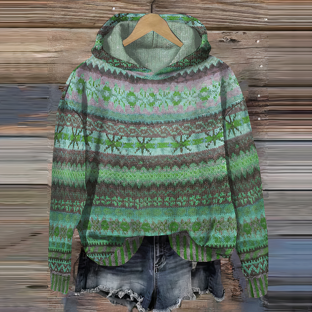 Women's Vintage Knit Pattern Cozy Hoodie, Casual Style-The Yellow Prime