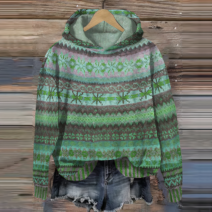 Women's Vintage Knit Pattern Cozy Hoodie, Casual Style-The Yellow Prime