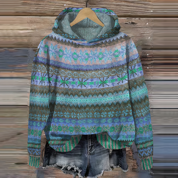 Women's Vintage Knit Pattern Cozy Hoodie, Casual Style-The Yellow Prime