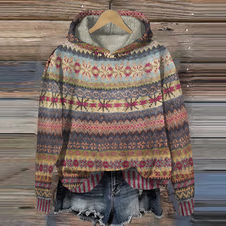 Women's Vintage Knit Pattern Cozy Hoodie, Casual Style-The Yellow Prime