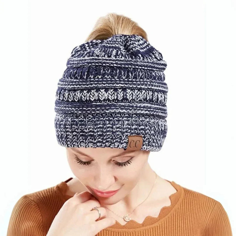 Women's Warm Cozy Ponytail Beanie - Ribbed Knit Winter Hat-The Yellow Prime