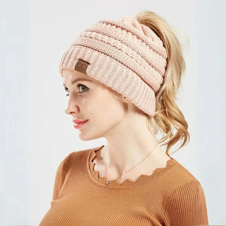 Women's Warm Cozy Ponytail Beanie - Ribbed Knit Winter Hat-The Yellow Prime