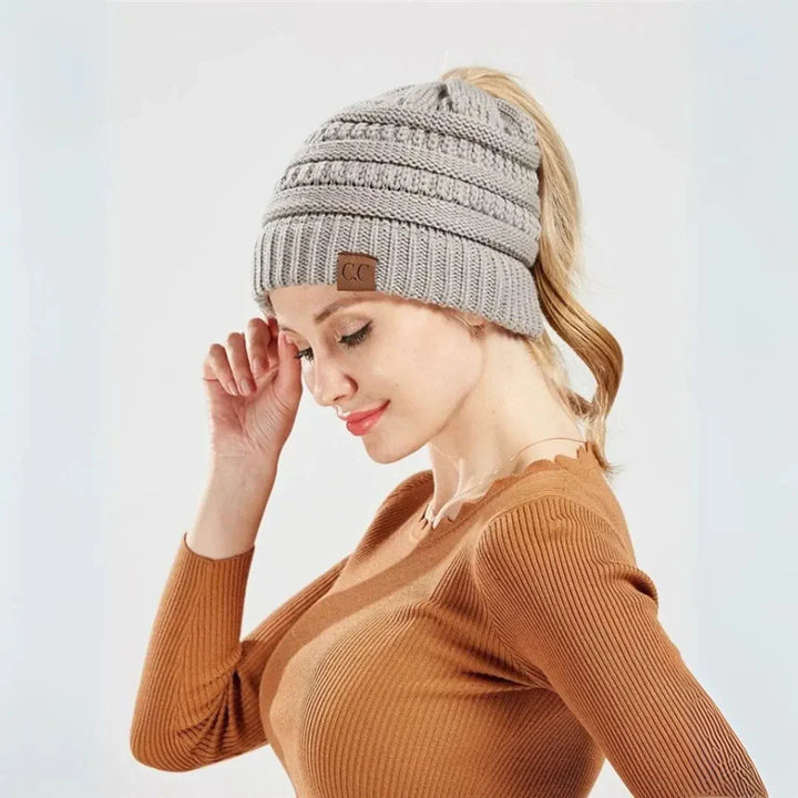 Women's Warm Cozy Ponytail Beanie - Ribbed Knit Winter Hat-The Yellow Prime