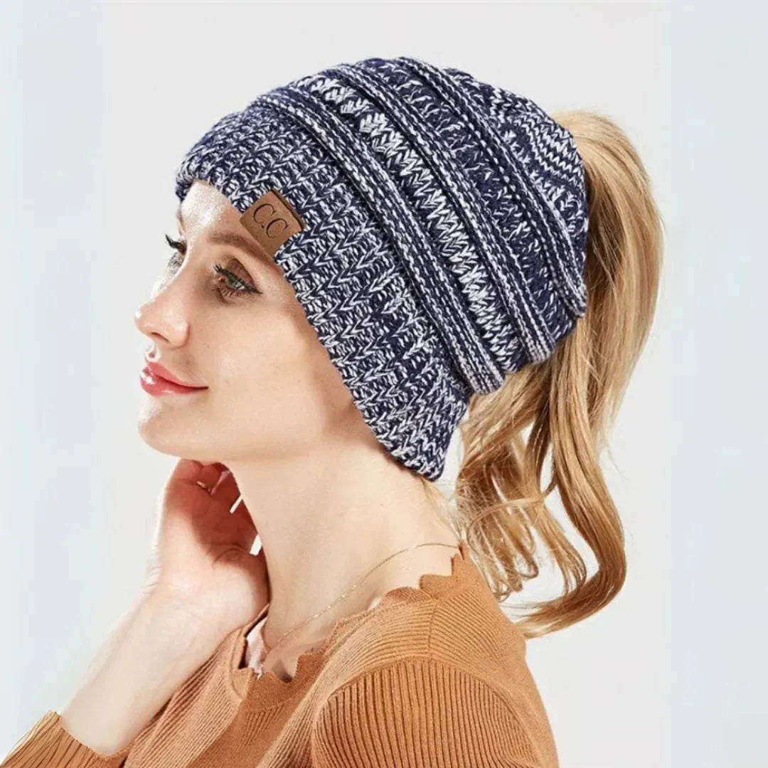 Women's Warm Cozy Ponytail Beanie - Ribbed Knit Winter Hat-The Yellow Prime