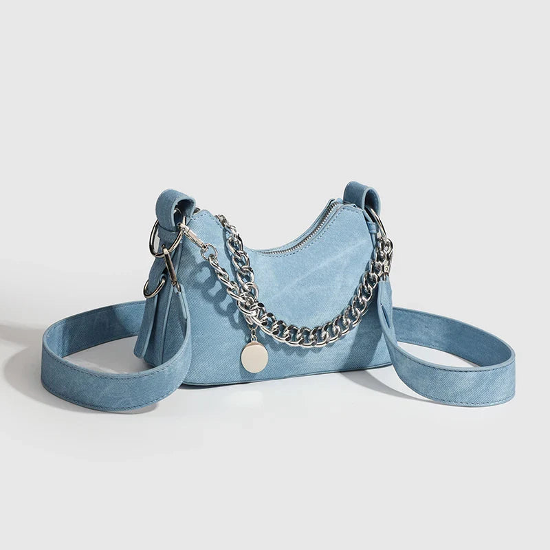 Women's Washed Denim Chain Shoulder Bag-The Yellow Prime