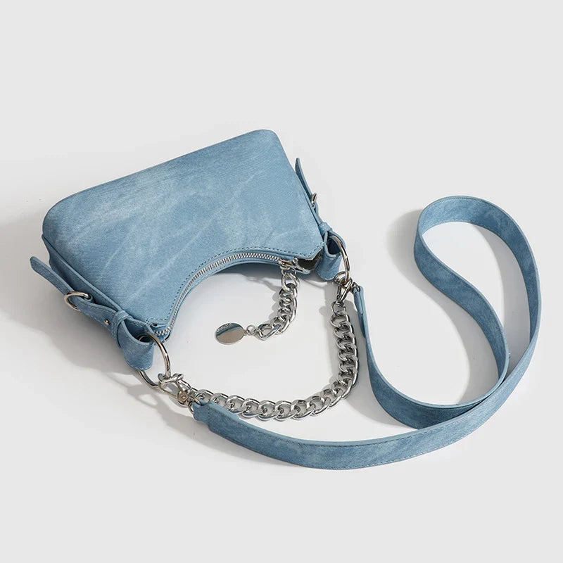 Women's Washed Denim Chain Shoulder Bag-The Yellow Prime