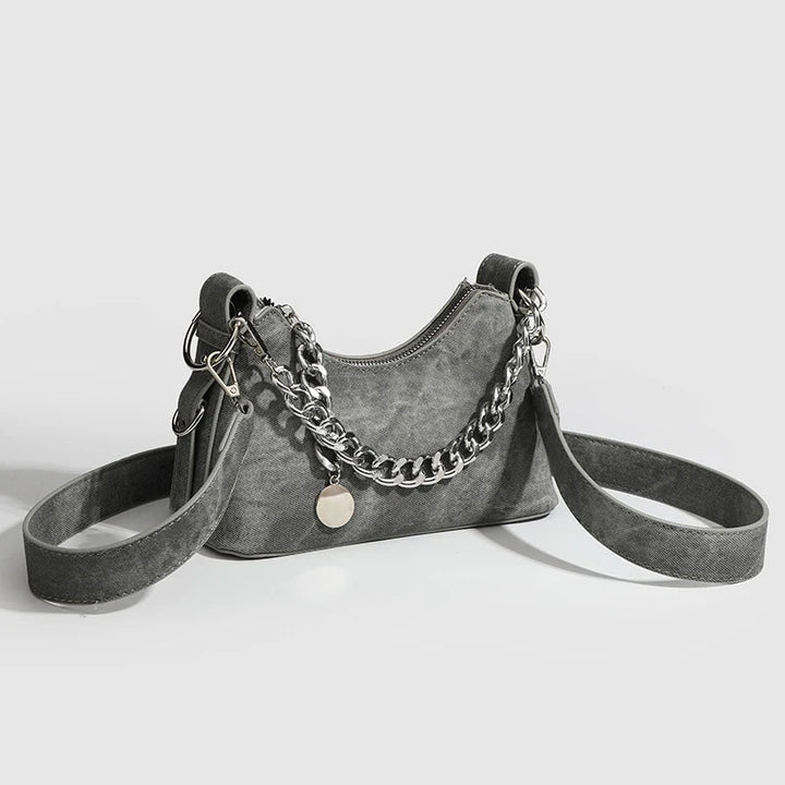 Women's Washed Denim Chain Shoulder Bag-The Yellow Prime