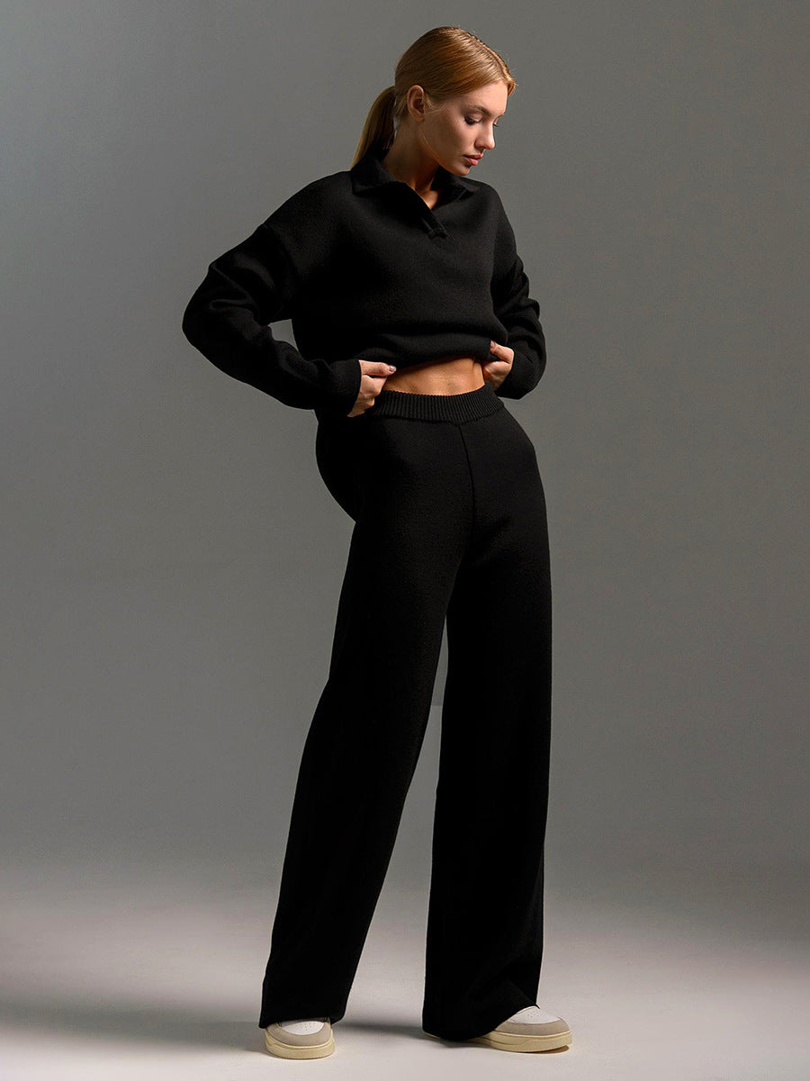 Women's Wide Collar Polo Shirt and Pants Outfit Set-The Yellow Prime