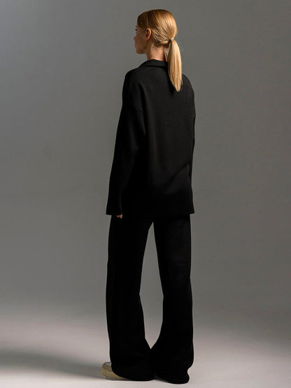 Women's Wide Collar Polo Shirt and Pants Outfit Set-The Yellow Prime
