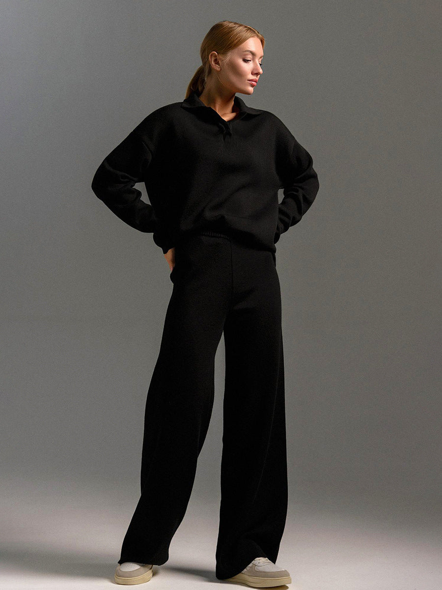Women's Wide Collar Polo Shirt and Pants Outfit Set-The Yellow Prime