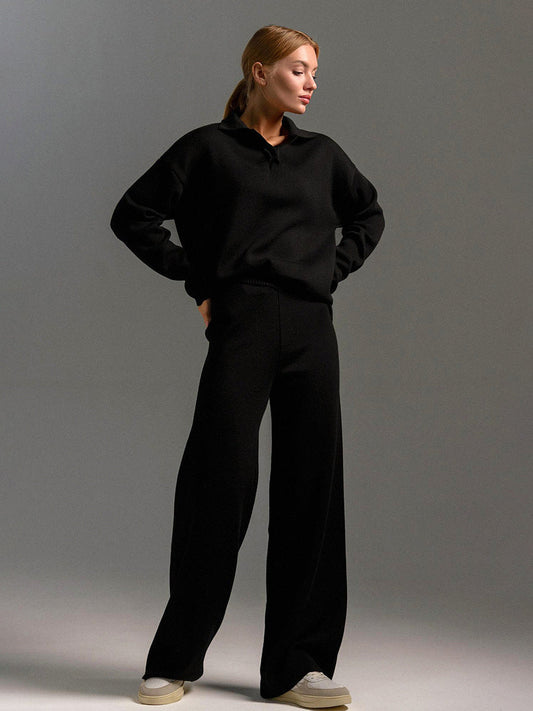 Women's Wide Collar Polo Shirt and Pants Outfit Set-The Yellow Prime