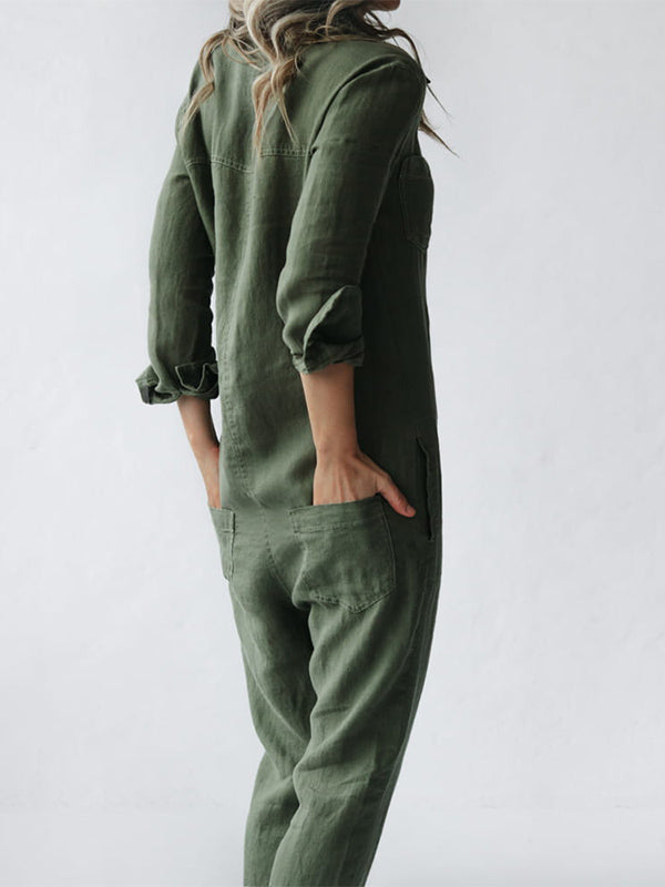 Women's breathable long-sleeve cotton blend jumpsuit for all seasons-The Yellow Prime