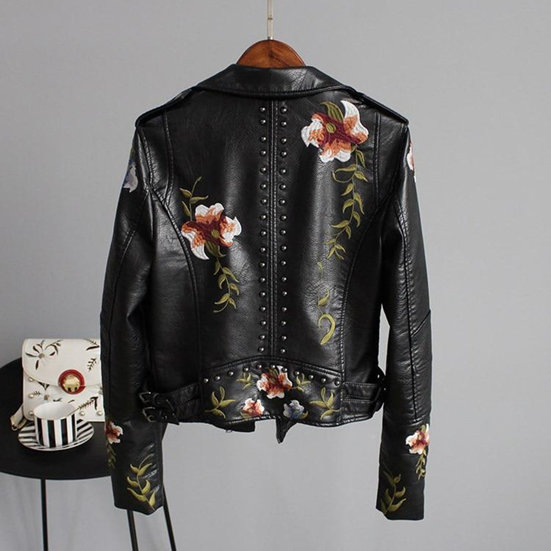 Women's Stylish Leather Biker Jacket with Floral Motifs and Studs