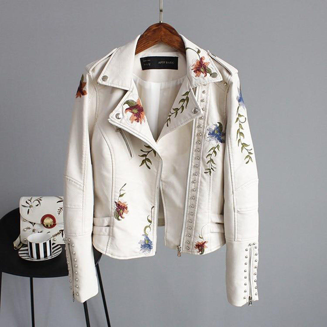 Women's Stylish Leather Biker Jacket with Floral Motifs and Studs