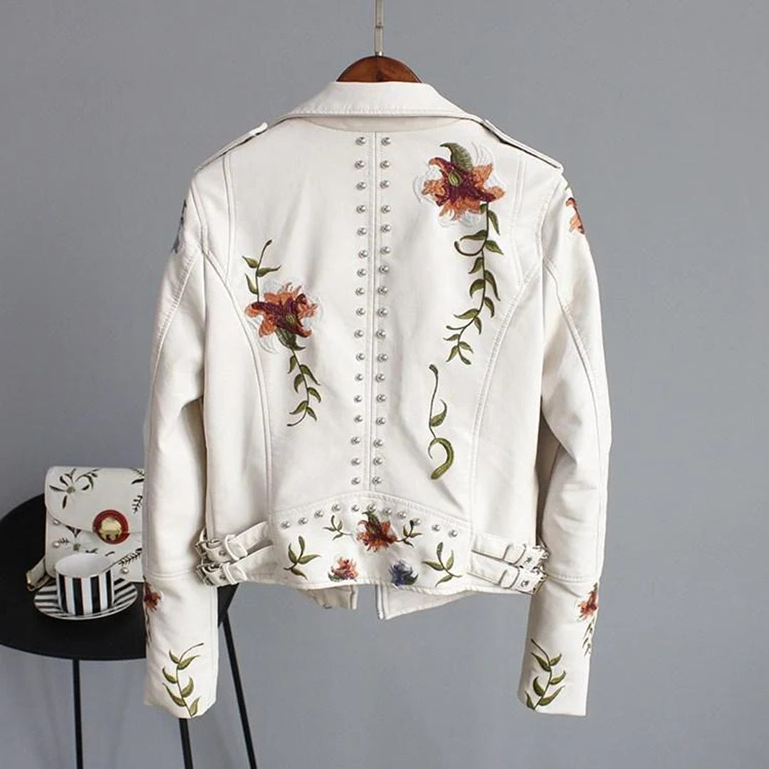 Women's Stylish Leather Biker Jacket with Floral Motifs and Studs