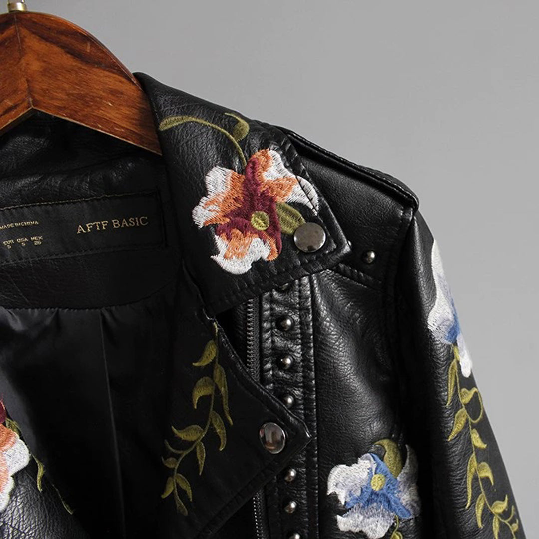 Women's Stylish Leather Biker Jacket with Floral Motifs and Studs