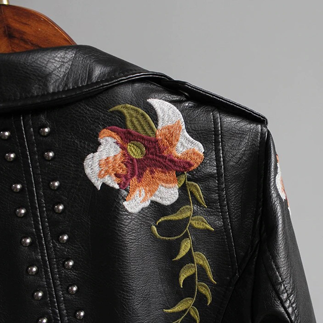 Women's Stylish Leather Biker Jacket with Floral Motifs and Studs
