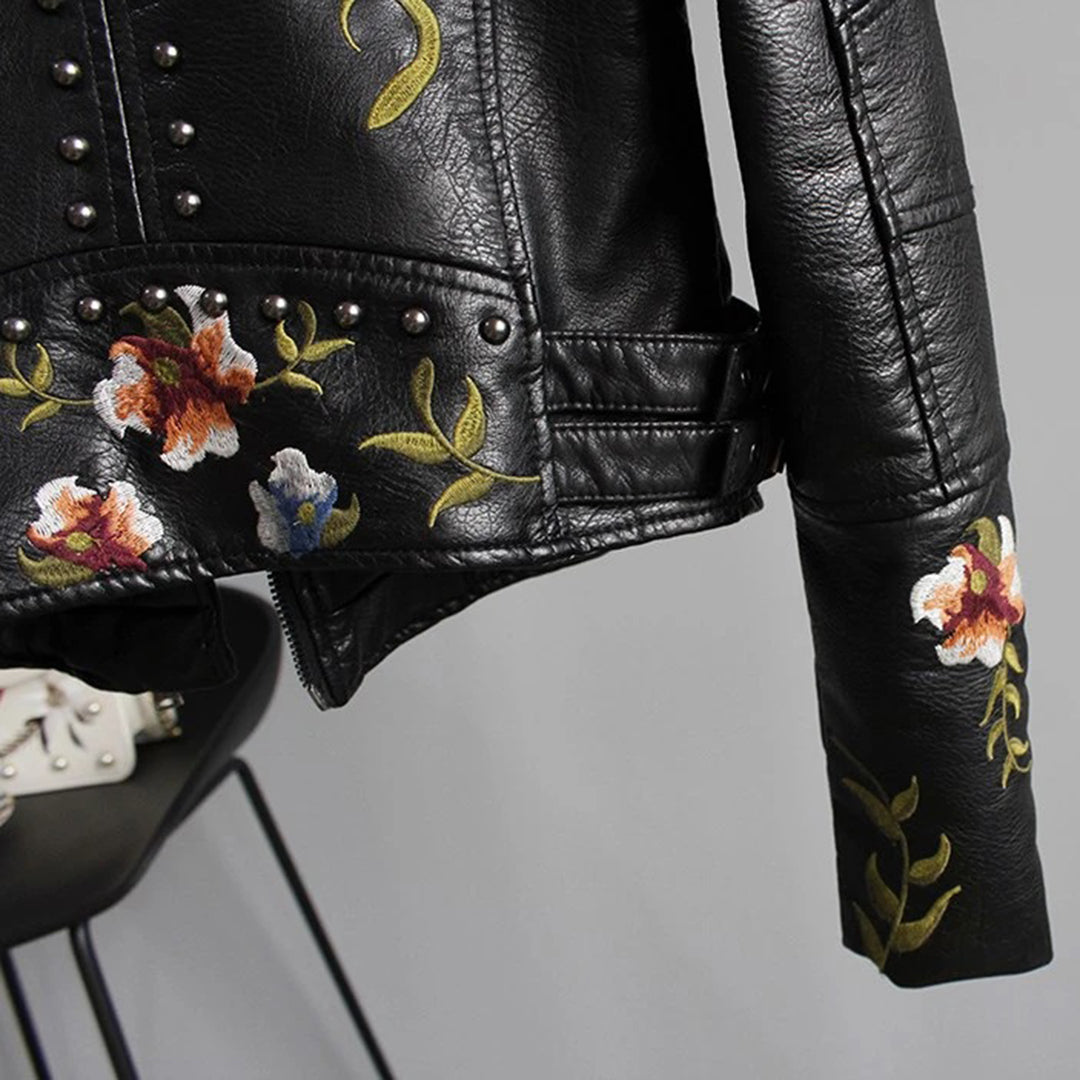 Women's Stylish Leather Biker Jacket with Floral Motifs and Studs